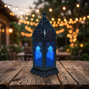 Linterna de diseño marroquí de Metal de latón AK en polvo negro recubierto acabado con vidrio azul para decoración de Diwali/Decoración de Hotel - Product Image 1