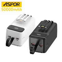 Banque d'alimentation Aspor A319 50000mAh, charge rapide 22.5w, câble intégré, chargeur portable, banques d'alimentation en gros