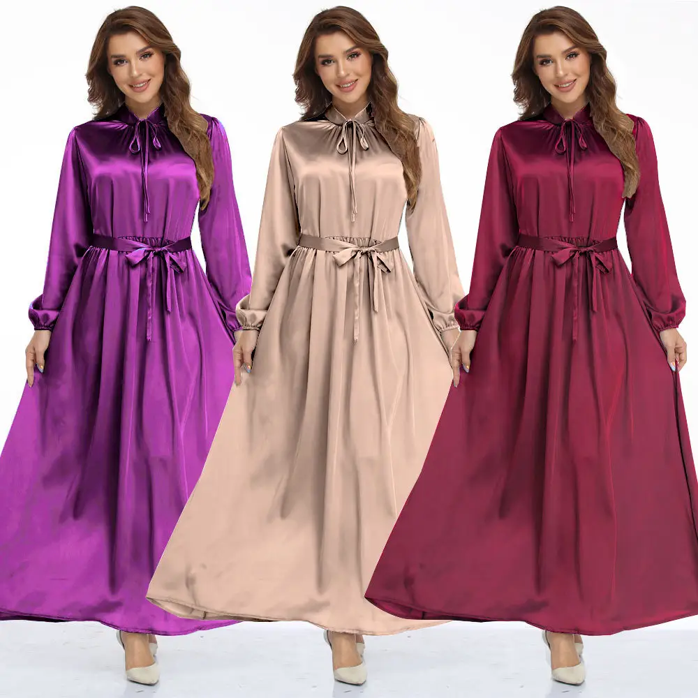 Abaya Hồi Giáo Đầm Maxi Nữ Thanh Lịch Đầm Nữ Đơn Giản Tay Dài Màu Trơn Vải Satin Lụa Trang Phục Trung Đông Áo Choàng Ả Rập