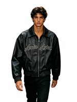 Blouson Bomber Homme Ample en Similicuir Imprimé Cursive Vintage Personnalisé Kornit DTG, Style Streetwear