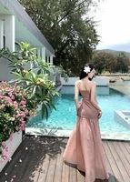 Robe longue rose à volants multicouches sans bretelles, style bohème vintage, mignonne, sexy, unie, taille ample, printemps, automne, été