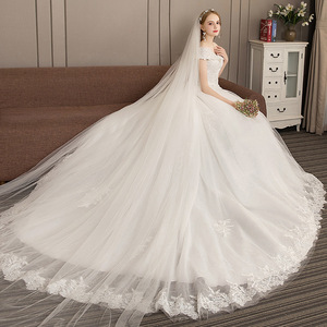 French Hepburn Style Wedding Dress White Off The Shoulder Ball Gown Empire Waist Vintage Train Bride Dress - Product Image 1