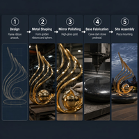 Sphère abstraite moderne en acier inoxydable plaqué or poli miroir, motif flamme en spirale ascendant, pour espace public extérieur, art métallique emblématique