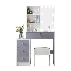 Miroir de <span class=keywords><strong>coiffeuse</strong></span> <span class=keywords><strong>avec</strong></span> panneau en bois et lumières, 4 tiroirs, tabouret rembourré, miroir coulissant, table de maquillage pour filles - Product Image 2