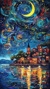 Kit <span class=keywords><strong>di</strong></span> Pittura a Olio Digitale Personalizzato Stile <span class=keywords><strong>Van</strong></span> <span class=keywords><strong>Gogh</strong></span> '<span class=keywords><strong>Notte</strong></span> Stellata' con Villaggio, Nebulosa e Luna, Città Costiera <span class=keywords><strong>da</strong></span> Dipingere con i Numeri - Product Image 2