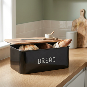 Boîte à pain rectangulaire noire avec couvercle en bois, récipient alimentaire hermétique émaillé pour la cuisine - Product Image 1