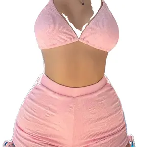 Moda personalizada superventas mujeres 2024 recuperación de cintura alta Rosa color sólido bikini dividido dos piezas conjunto de punto de tela especial