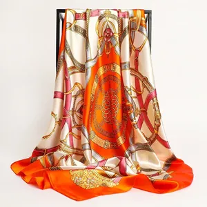 Foulards en soie pour <span class=keywords><strong>cheveux</strong></span>, écharpe en satin 90*90cm, imprimé printemps, grand carré, marque de luxe, foulards pour femmes, hijab, bandeau - Product Image 2