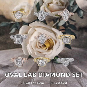 Oval Lab Grown Diamond Solitaire Half Pave Matching Band Set <b>Rhodium</b> Plated IGI Certified S925 Sterling Silver Bridal <b>Ring</b> - Product Image 2