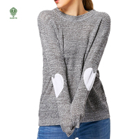 Pull-over en maille légère à col rond et manches longues personnalisé pour femme, avec patch cœur sur le coude, en polyester, vente en gros