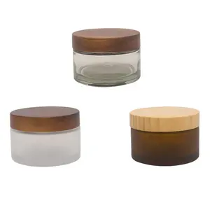 Ronde Hete Verkoop Cosmetische Gezichtscrème <span class=keywords><strong>Container</strong></span> 200G <span class=keywords><strong>200Ml</strong></span> Amberkleurige Heldere Frosted Helder Glazen Pot Met Bamboe Houten Deksel - Product Image 1