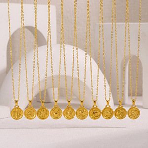 Collier avec pendentif rond en or en forme de pièce de monnaie <span class=keywords><strong>du</strong></span> zodiaque pour femmes, en acier inoxydable, 12 signes <span class=keywords><strong>du</strong></span> zodiaque, bijoux imperméables, cadeau d'anniversaire - Product Image 2