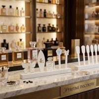 Support d'échantillonnage de parfum pour comptoir de vente au détail, en papier kraft, couleur personnalisée, avec doublure magnétique en éponge, porte-bandelettes de test de parfum
