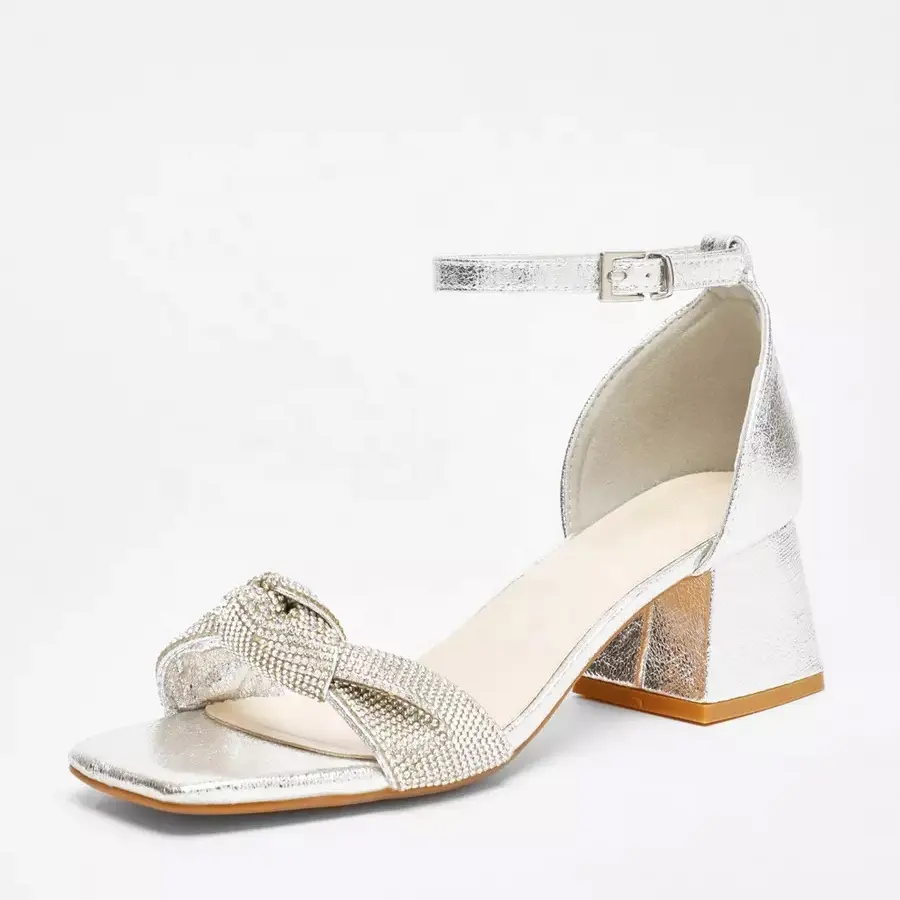 Tacchi alti estivi alla moda in argento a punta quadrata per donna sandali con nodo alla caviglia con cinturino incrociato con tacchi eleganti con fiocco