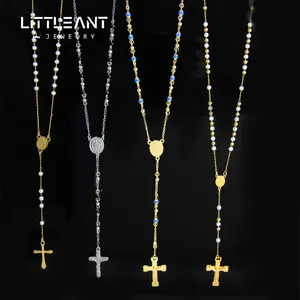 Little Ant Jewelry Cross Necklace 18K Gold Black Bead Cross Collar Acero inoxidable