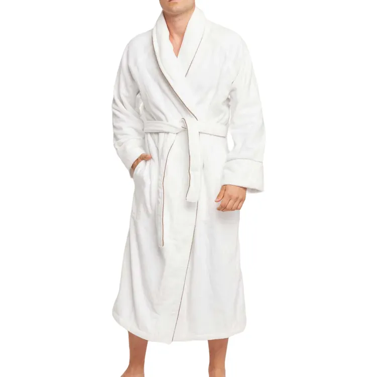 hotel velour bathrobe for men luxury white cotton bath robe shawl collar bathrobe with piping trim