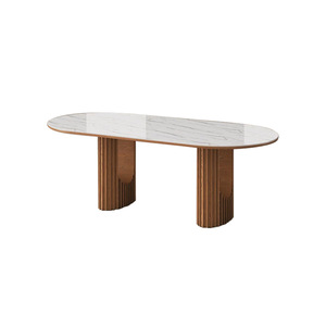 Table à manger ovale en bois avec plateau en marbre, fabriquée à la main pour salle à manger - Product Image 2