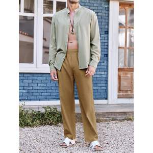 2025 Men's <b>Linen</b> Cotton <b>Trousers</b> Bleached Decoration Casual Loose Fit Straight-Leg Beach Yoga Lounge Elastic Waist B0CDWQGR9N - Product Image 1