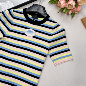 Women Multicolor Stripe Ribbed Knit <b>T</b> Shirt with Chest Cutout Short Sleeve Casual Top - Product Image 5