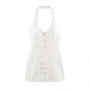 White <b>Halter</b> Lace Up Mini <b>Dress</b> Fit And Flare Sleeveless Casual <b>Summer</b> Woven Cotton Solid Color Breathable Natural Waistline - Product Image 4