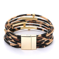 Bracelet en cuir multicouche créatif fait à la main, imprimé léopard, bracelets à manchette tendance avec boucle magnétique