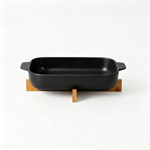 Plat à four en céramique blanche grande capacité avec doubles poignées et support en <span class=keywords><strong>bois</strong></span> isolant thermiquement pour service du four au plat - Product Image 2