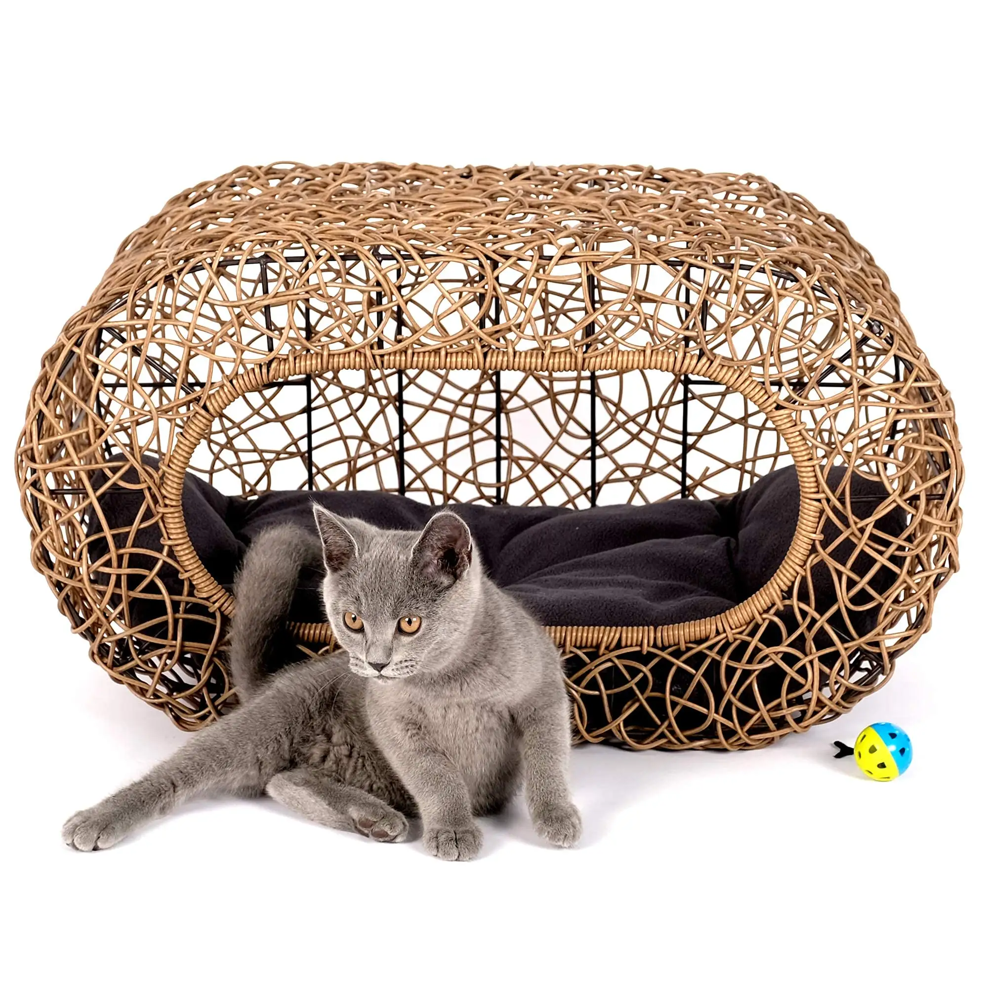 XIANGLONG Handmade in Vietnam Eco-Friendly Wood Cat Bed with Comfortable Water Hyacinth Cushion Small Cats Dogs Animal Pattern