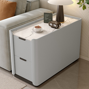 Meuble d'appoint moderne en bois massif avec plateau en pierre, 2 tiroirs et étagères, durable, pour appartement, salon, chambre, rangement, <span class=keywords><strong>canapé</strong></span> d'angle/table basse - Product Image 2