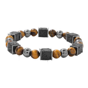 Bracelet extensible populaire 8 mm en œil de tigre Ximang pour homme, orné de perles carrées en roche volcanique et hématite, bijou de mode - Product Image 5