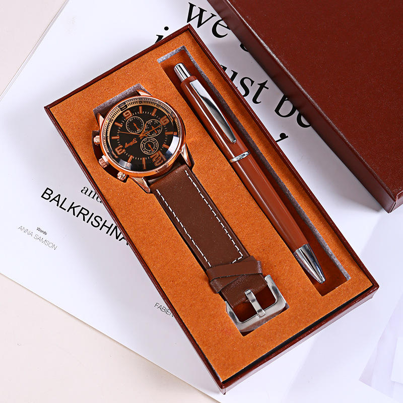 M3038 coffee color 3-piece set-watch + pen + gift box