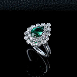 925 Sterling <b>Silver</b> Lab Created <b>Emerald</b> Pear Cut Halo <b>Ring</b> for Women - Product Image 2