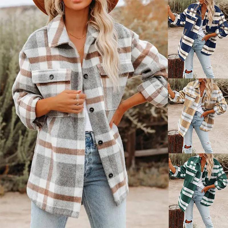 Custom 2022 women fashion comfortable Lapel Plaid Button Down Pocketed Flannel Shacket Jacket