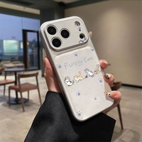 Coque de téléphone portable pour 16 Pro Max, design texture litchi avec motif chat mignon, antichoc, en similicuir d'agneau