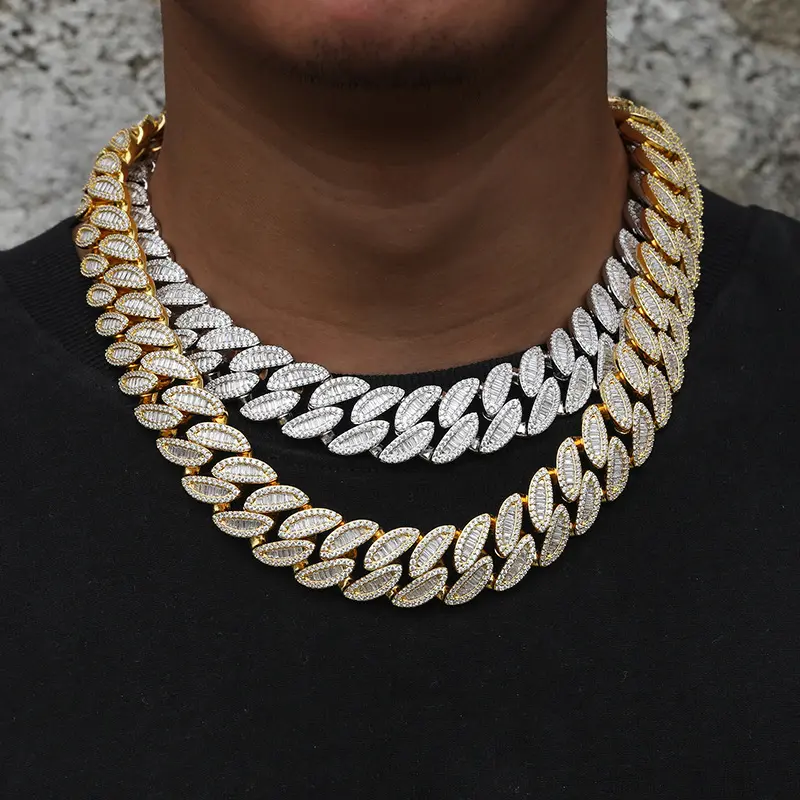 High Quality Hip-hop Rock Necklace 20mm Mixed With T-shaped Zircon Plated 18k Real Gold Cuban Fashion Fine Necklace For Men