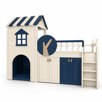 Lit mezzanine pour enfants en bois massif avec rangement, design décalé, cadre en bois courbé multifonctionnel et gain de place, avec barrières de sécurité et échelle.