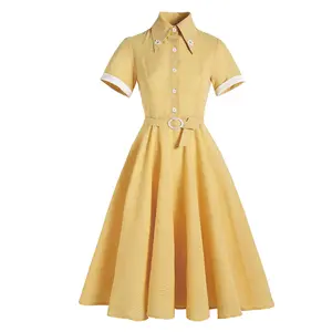 Caliente Hepburn estilo británico Retro pequeña Daisy manga corta gran Swing vestido de verano vestido 50s 60s las mujeres amarillo Plaid vestidos