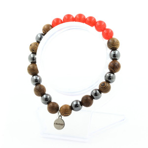 Red Chalcedony + Hematite + wood 8 mm <b>beads</b> <b>Bracelet</b>. Made in France - Product Image 2