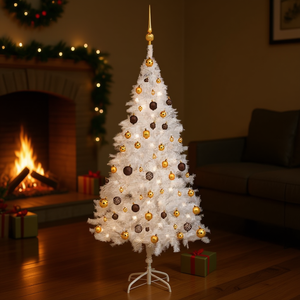 Árbol de Navidad Artificial de PVC Blanco de 59.1 Pulgadas Preiluminado con Juego de Bolas, Base para Interior con Luces LED Blanco Cálido - Product Image 2