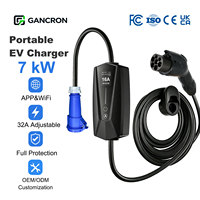Chargeur EV portable GANCRON GBT 7kW GB/T Gun 32A 220V AC rapide avec WiFi et prise CEE bleue pour la maison