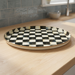 Chaman India Antique Black Check Metal <b>Round</b> <b>Tray</b> - Product Image 2