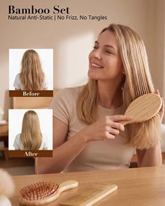 Brosse à cheveux en bambou naturel pour massage du cuir chevelu, démêlage des cheveux bouclés, peigne pour cheveux secs et humides avec logo - Product Image 4