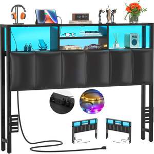 Tête de <span class=keywords><strong>lit</strong></span> pour <span class=keywords><strong>lit</strong></span> double avec rangement, rembourrée, avec prises USB et éclairage LED, réglable en hauteur, noire - Product Image 1