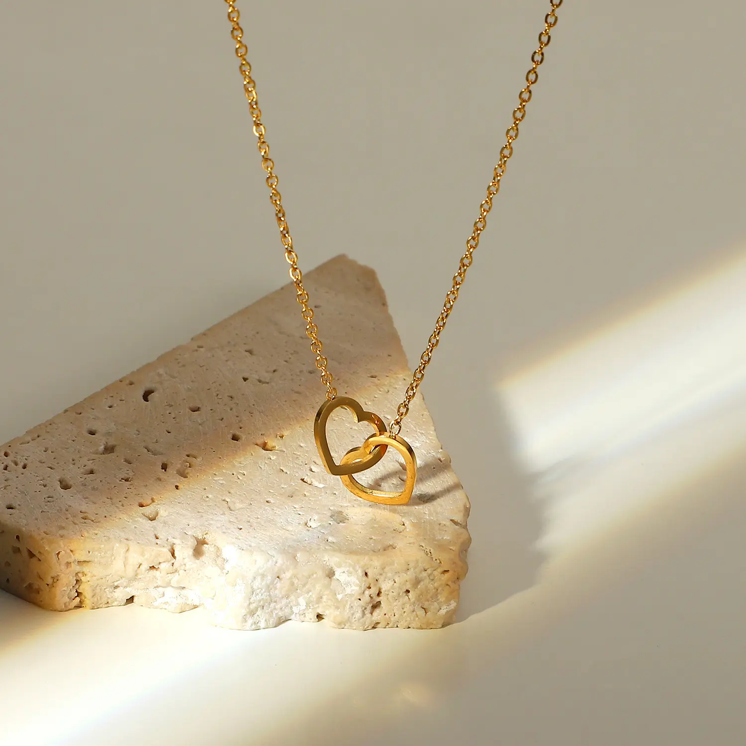 Hot 18K Goud Roestvrij Staal Dubbele Liefde Ring Ketting Mode Hart Hanger Ketting Voor Vrouwen