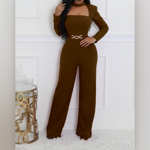 Mono elegante de mujer con cuello tipo bufanda, manga larga y pierna ancha, a la moda - Product Image 5