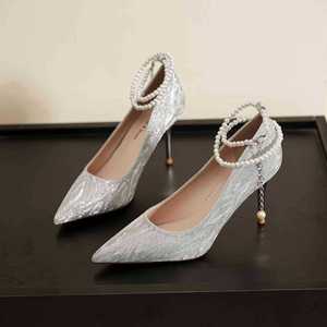Bridal Pumps Pointed Toe Stiletto Heel Ankle Strap Pearl Bead <b>Decor</b> High Heel Wedding <b>Shoes</b> Comfortable Satin Lining 6681Y - Product Image 1