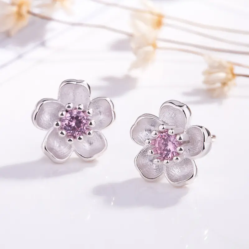 1 Pair Peach Flower Earrings Zircon Flower Earring for Women Fashion Fine Jewelry 2020 Stud Earrings Alloy Ethnic Silver Plated
