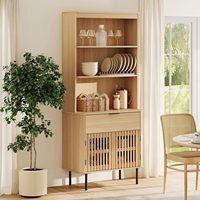 WAMPAT Armoire de rangement en chêne cannelé de 72,8 po, étagères ouvertes à 3 niveaux avec tiroir et portes, unité de rangement réglable pour salle à manger.