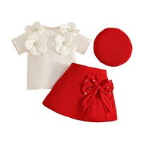 Ensemble de vêtements 3 pièces pour bébé fille, haut côtelé à manches courtes avec fleurs 3D, jupe à nœud et chapeau béret