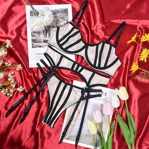 Lencería erótica de 3 piezas con ligas, sujetador elegante de media copa y tangas, ropa interior Sexy transparente para mujer desnuda - Product Image 6