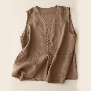 Chaleco sin mangas de lino para mujer, con botones y cuello en V, blusa corta, top transpirable de moda casual, Verano 2026 - Product Image 5